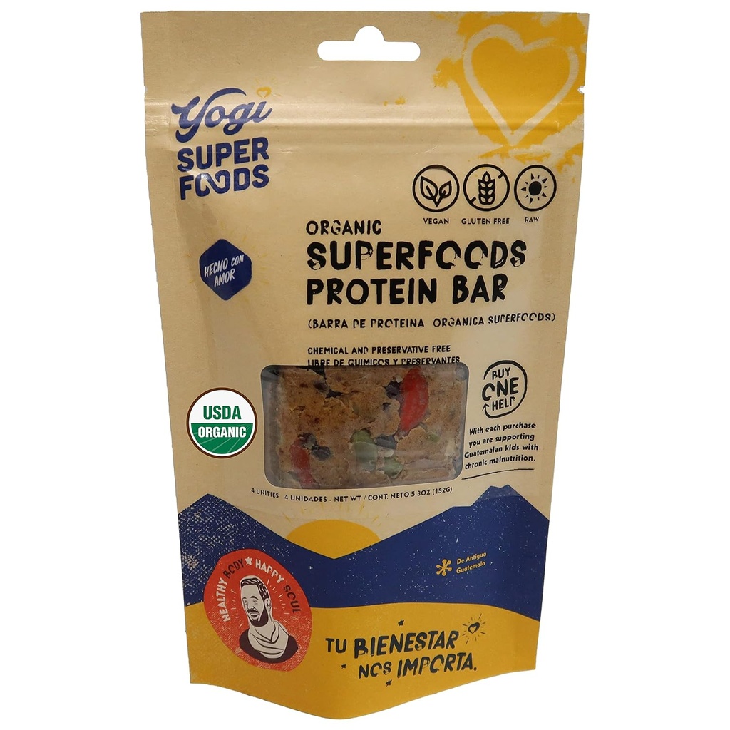 Yogi Super Foods Maca Protein Bars Cacao for Healthy Energy - Raaka, Vegan, Gluteeniton, Matala Glycemic Superfood Välipala Ruoka Bars kasviproteiinia, kaakaojauhetta & Granola - 4 Bars