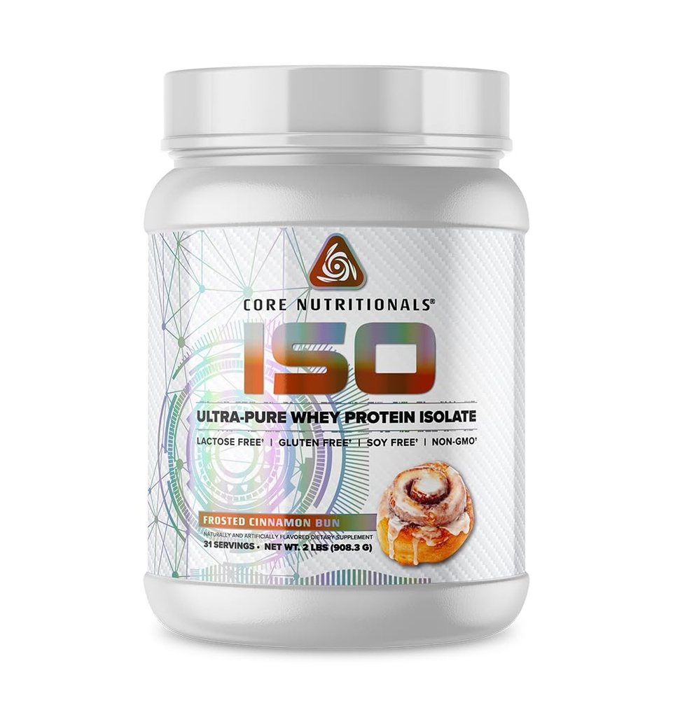 Core Nutritionals Iso Whey Protein Isolaatti Laktoosi, Gluteeniton, & Soijaton 100% Mikrosuodatettu, kylmä painettu 25g proteiinia 2 punta (Frosted Cinnamon Bun)