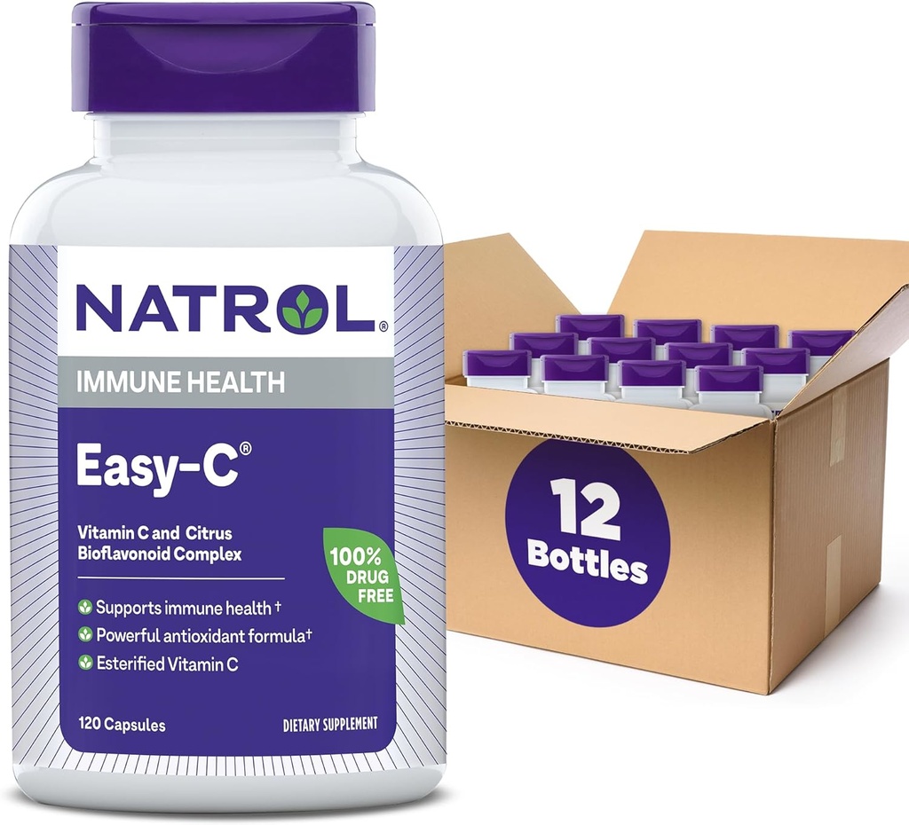 Natrol Easy-C tukee immuuniterveyttä C-vitamiinilla ja bioflavonoidilla, Bios Vegi -kapselilla, 500 mg, 120