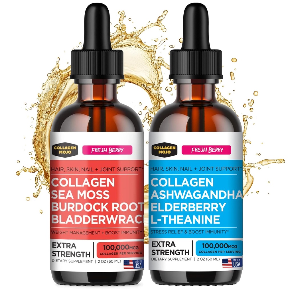 Collagen Mojo Liquid Collagen Peptides with Sea Moss, Burdock Root & Blackderwrack + Liquid Collagen Peptides with Ashwagandha, Elderberry & L-Theanine