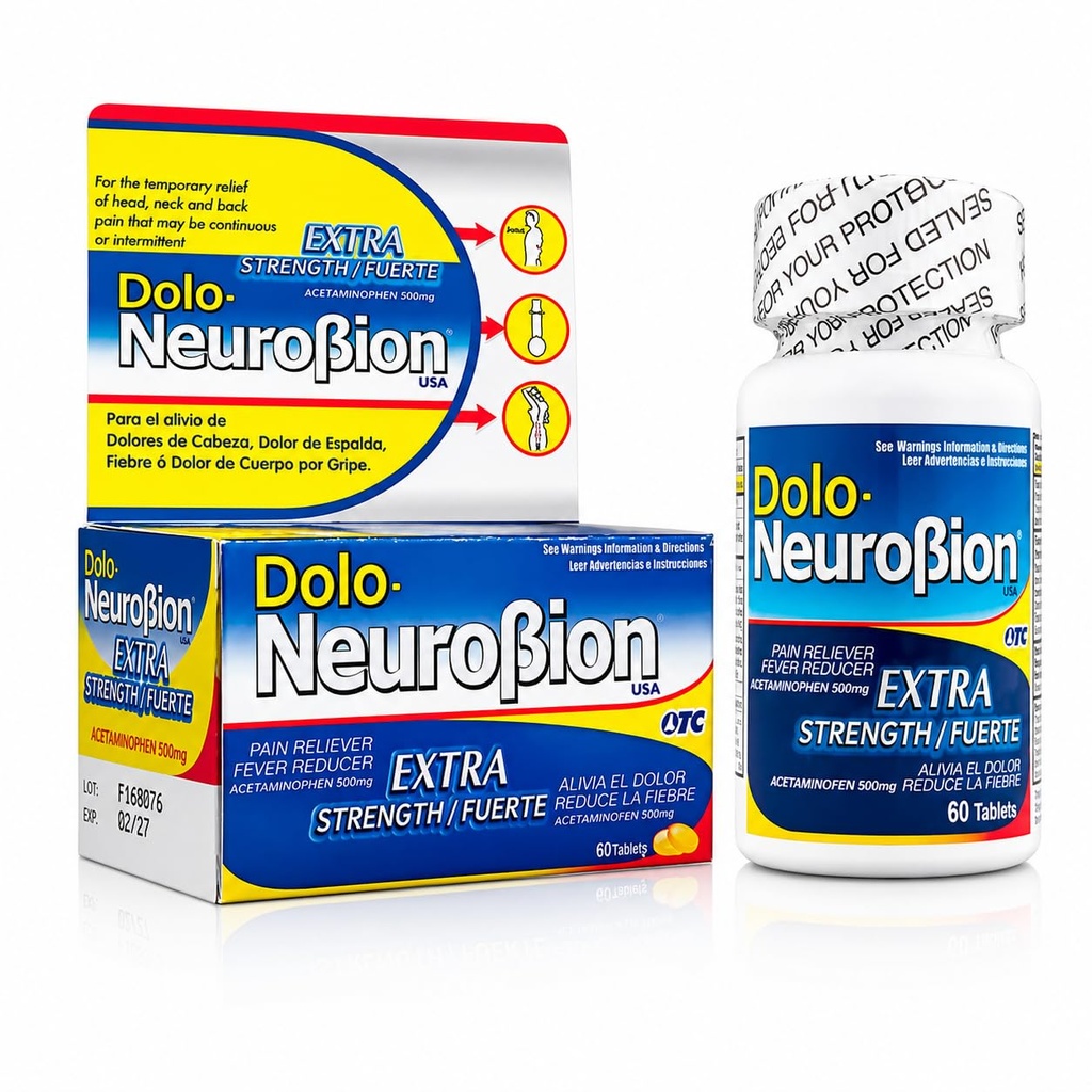 Dolo Neurobion Pain Reliever, Fever Reducer, Extra Strength. Alivia el Dolor,Reduce la Fiebre, Extra Fuerte. 60 Tablets. Acetaminophen 500 mg