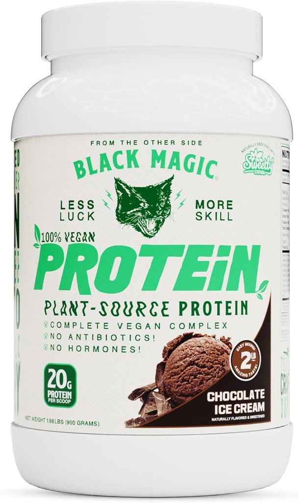 Black Magic Plant-Source 100% Vegan Protein - Keto, Low Sugar, Dairy Free Protein - Pre/Post Treout - Chocolate Ice Cream - 20g Protein - 2 LB