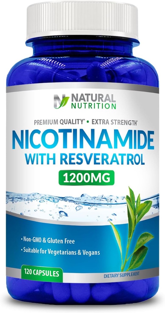 Generic Natural Vitamiini Extra Strength Nikotinamidi yhdessä Resveratrol 1200 mg (Vitamin B-3) 120 Kasviskapselit Gluteeniton & ei-GMO