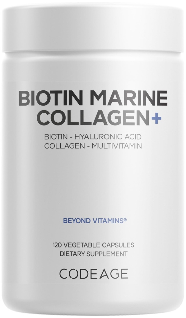 Koodaus Biotin Marine Collagen Peptides - Wild-Caught Marine Collagen Tyypit I & III, Biotin, C-vitamiinit & E, Hyaluronihappo, aminohapot, Hedelmien ja yrttien sekoitus, ei-GMO - 120 kapselia