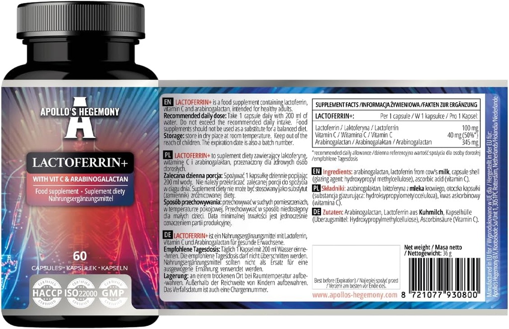 APOLLO'S HEGEMONY Lactoferriini + 100 mg - yhdessä C-vitamiinin ja arabinogalaktaanin kanssa - 60 vegaanista kapselia - 2 kuukauden toimitus - immunogeenisuuden ja rautaabsorption tehostamiseen