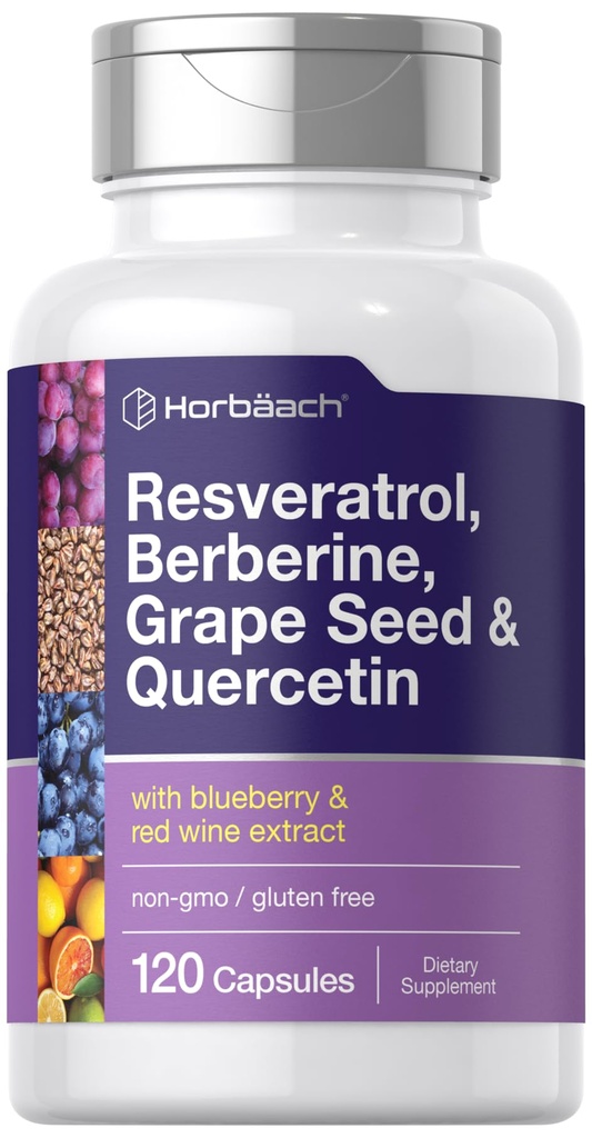 Horbäach Resveratrol Berberine Grape Seed & Quercetin | med Blueberry & Red Wine Extract | 120 kapslar | Non-GMO, Gluten Free & Vegetarian Supplement