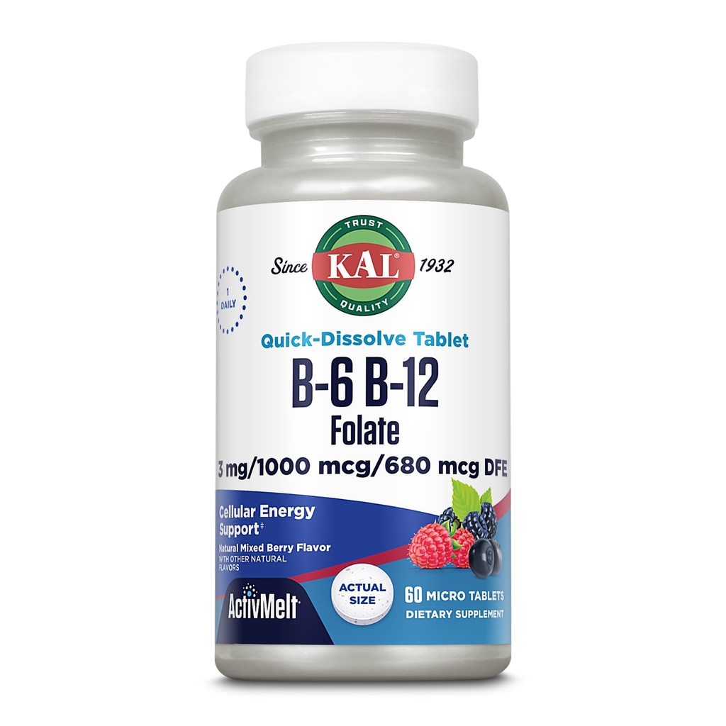 KAL Vitamin B-6, B-12 & Folic Acid Supplement, Heart Health, Energy & Red Blood Cell Support*, med vitamin B12 Methylcobalamin & Folate, Natural Berry Flavor, 60 Servings, 60 ActivMelt Micro Tablets