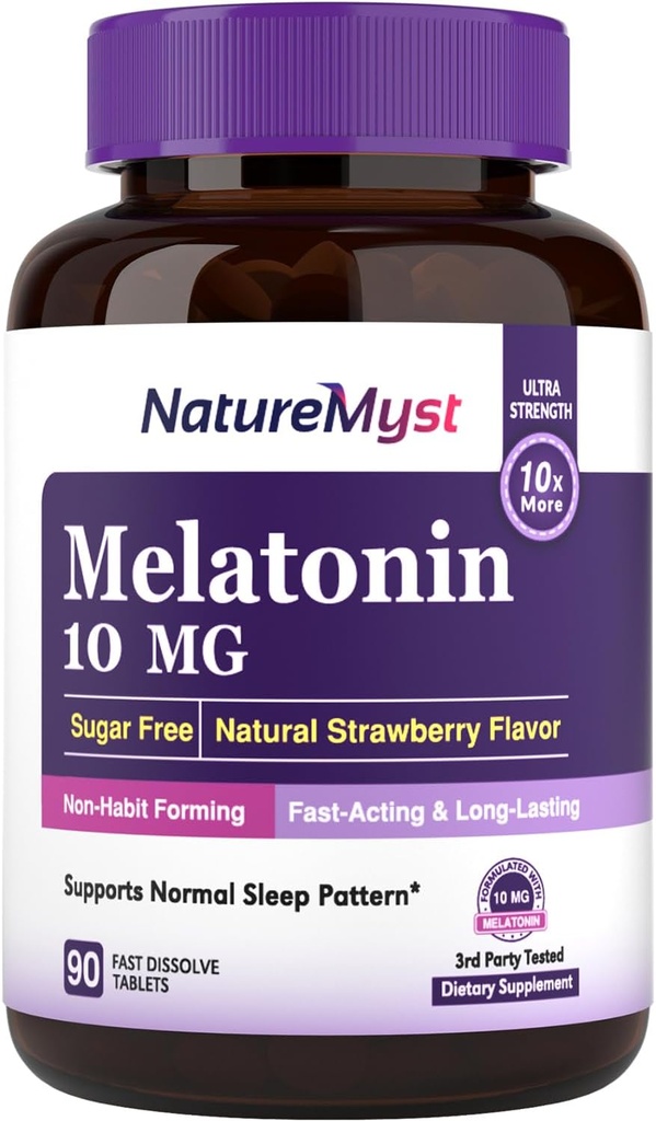 Melatoniini 10 MG, nopeasti liuotettavat tabletit, Ultravahvuus, ei-luontotyyppimuotoilu, uni ja rauhallisuus, ei sokeria, luonnon mansikkamaku, 90 tablettia