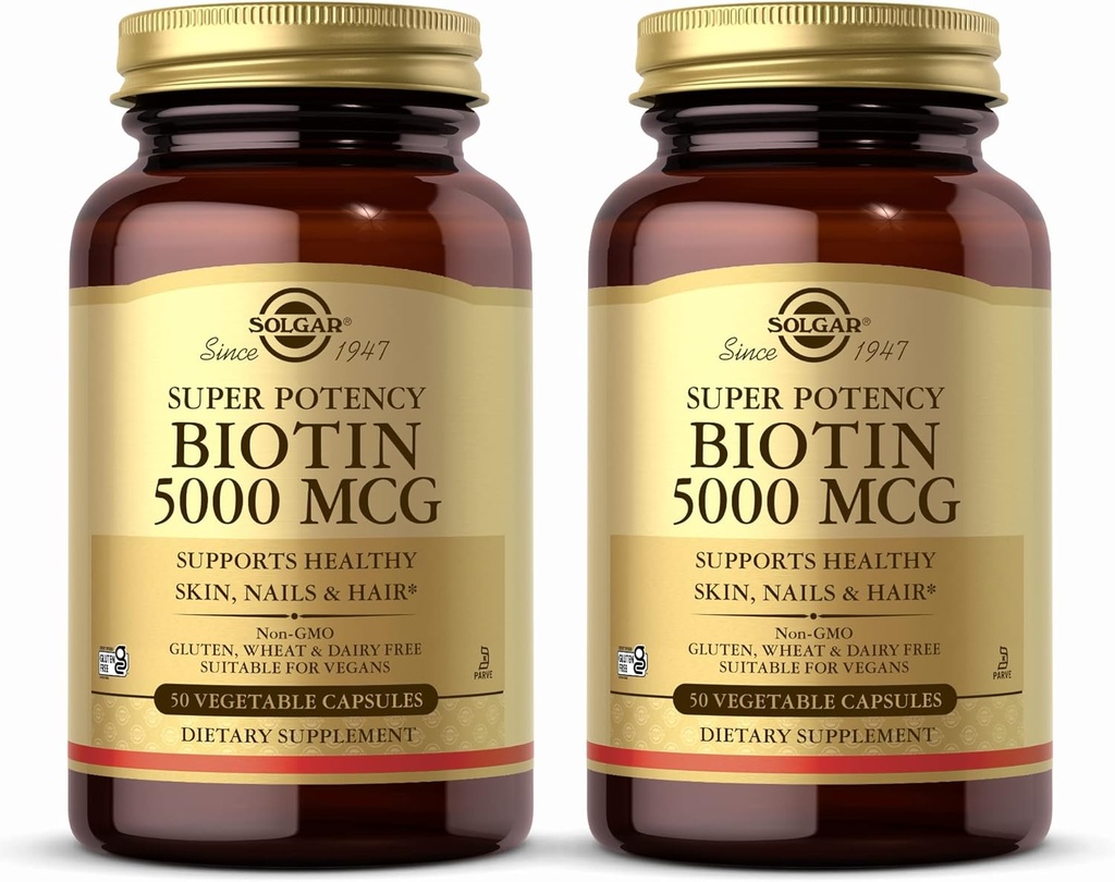 Solgar Biotin 5000 mikrog - 50 kasvikapselia, 2 kapselin pakkaus - Tukee tervettä ihoa, kynsiä ja hiuksia - ei-muuntogeenisiä organismeja, vegaaneja, gluteeniton, maitotuotteeton, Kosher - 100 tarjoilua