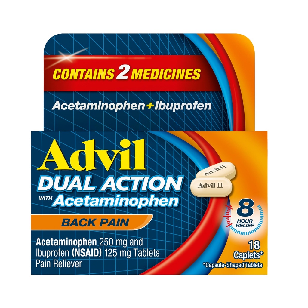 Advil Dual Action Back Pain Caplets toimittaa 250 mg Ibuprofeenia ja 500 mg asetaminofeenia per annos 8 tuntia selkäkipua lievittää - 18