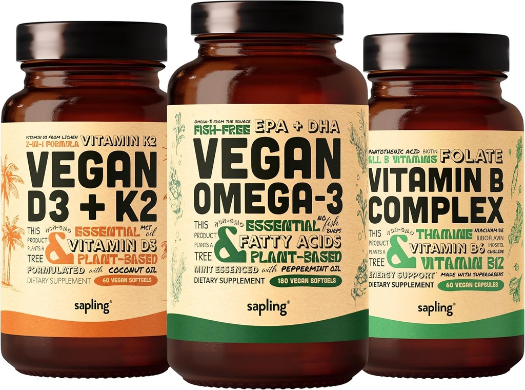 Vegaani Omega 3 180 Softgels & Vegan D3 + K2 & Vitamiini B Complex Bundle - Kasvipohjainen DHA & EPA rasvahapot, 4000 IU D3-vitamiini ja 100 mcg K2-vitamiinit