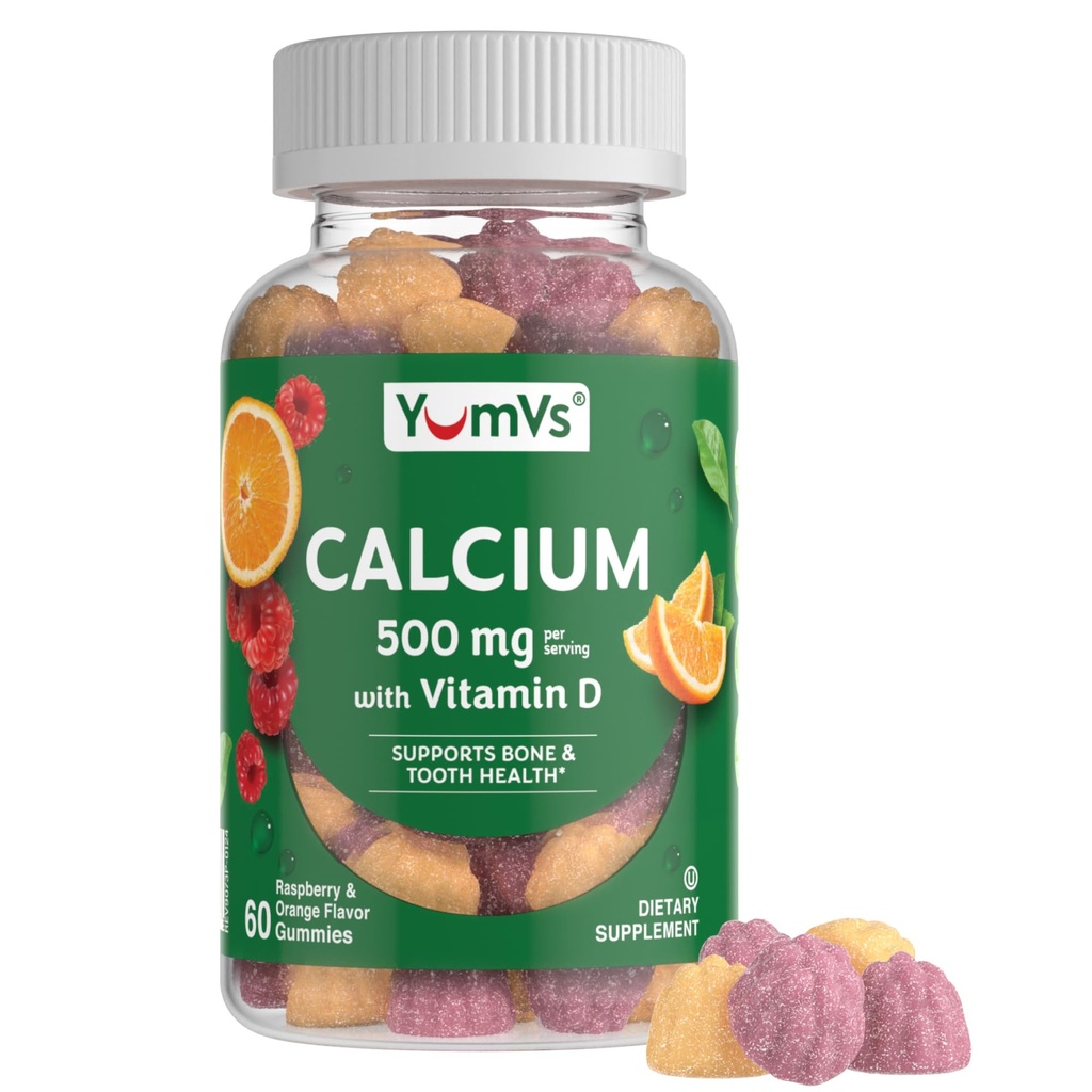 YumVs Kalsium 500 mg D3-vitamiini - Vadelma & oranssi maku Kalsium D-vitamiini Gummies, purutabletti täydentää lapsille ja aikuisille, D-vitamiini Kalsium Gummies, Kosher Halal Gluten Free (60 kreivi)