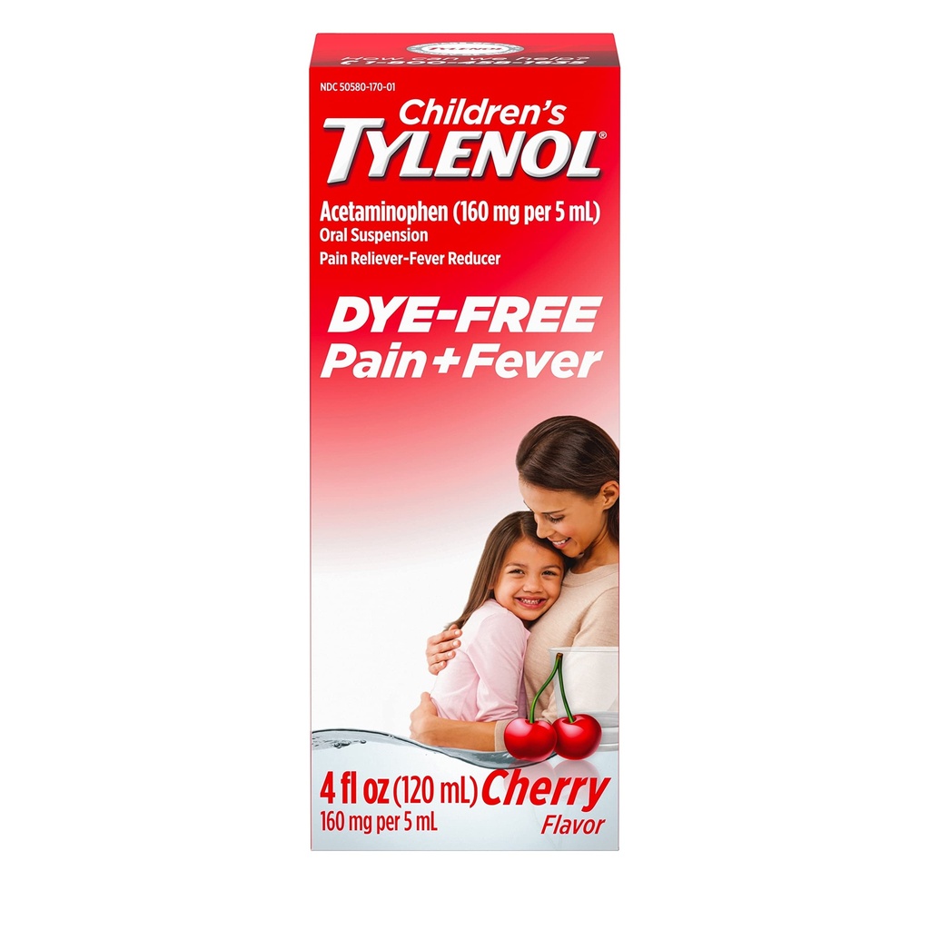 Lasten Tylenol Liquid Oral Suspension Pain Reliever & Fever Reducer acetaminophen, Aspirin-, Ibuprofeeni-, High Fruktose Corn Syrup- & Dye-free, Cherry, 4 Fl. Oz