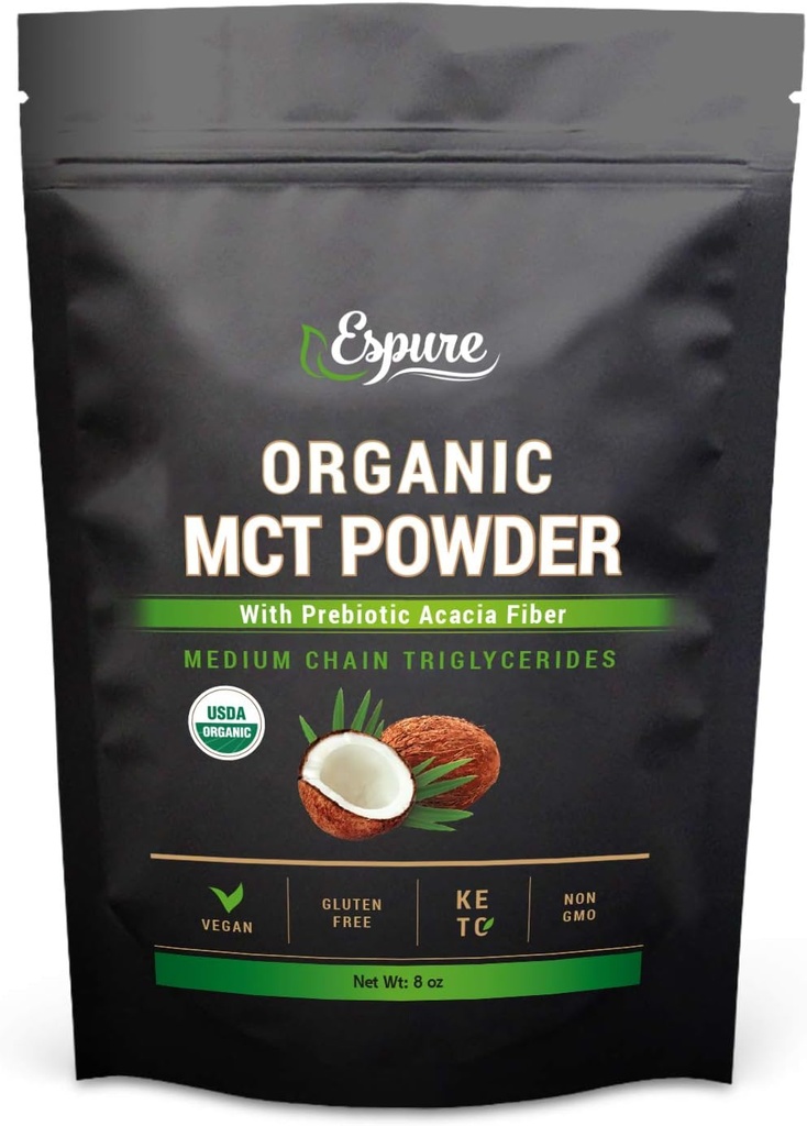 Organic MCT Powder - USDA Certified, prebiootti Acacia Fiber; Keto Friendly, Vegan, Gluteeniton; 8oz