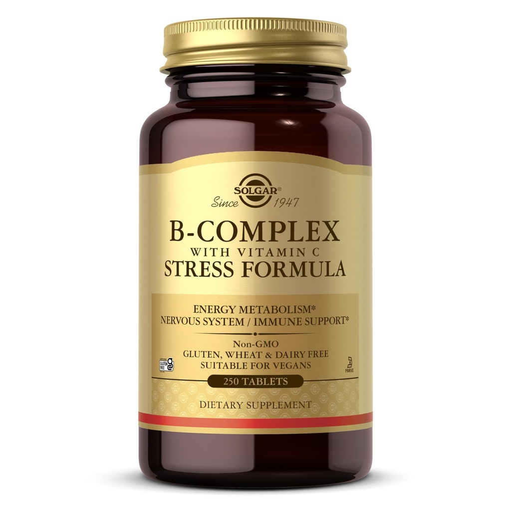 Solgar B-komplex C-vitamiini Stressi Formula, 250 tablettia - Energia Aineenvaihdunta, Hermosto ja immuuni tuki - Ei-GMO, Vegaani, Gluteeniton, Maitotuotteeton, Kosher - 125 Tarjoukset