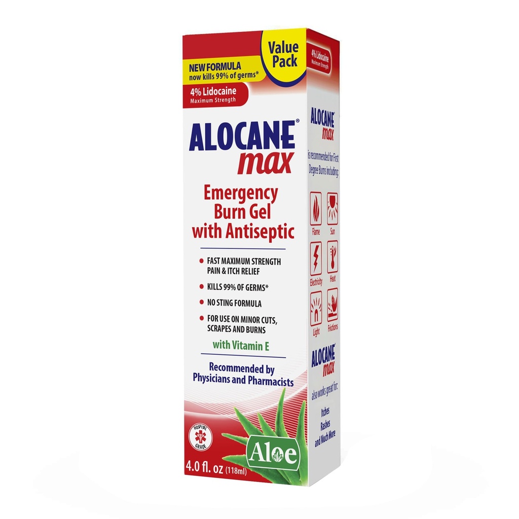 Alocane Max Emergency Burn Gel, 4% Lidokaiini Hydrochlorothiade, .13% bentsalkoniumkloridia, suurin vahvuus Relief, kutinaa, Auringonpolttamia, Keittiö, Säteily, Kemiallinen, First-Degree Burns, 4 Fl Oz