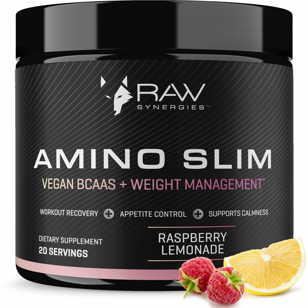 RAW Synergies Amino Slim - Aktiivinen Lifestyle täydentää aineenvaihdunta & Mindful Syöminen Tuki - Lihas- ja energiatuki - Sokerivapaa & Vegan - Vadelma sitruuna - 20 Tarjoilut