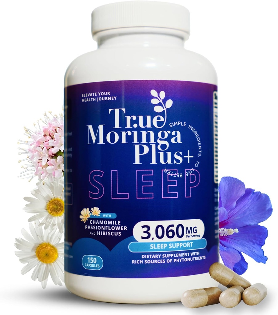 True Moringa Plus+ Sleep Support Supplement 10:1 Pura 20,000 mg Organic Moringa, Kamomilla, Passion Flower, Valerian Root, Hibiscus rentoutumista 