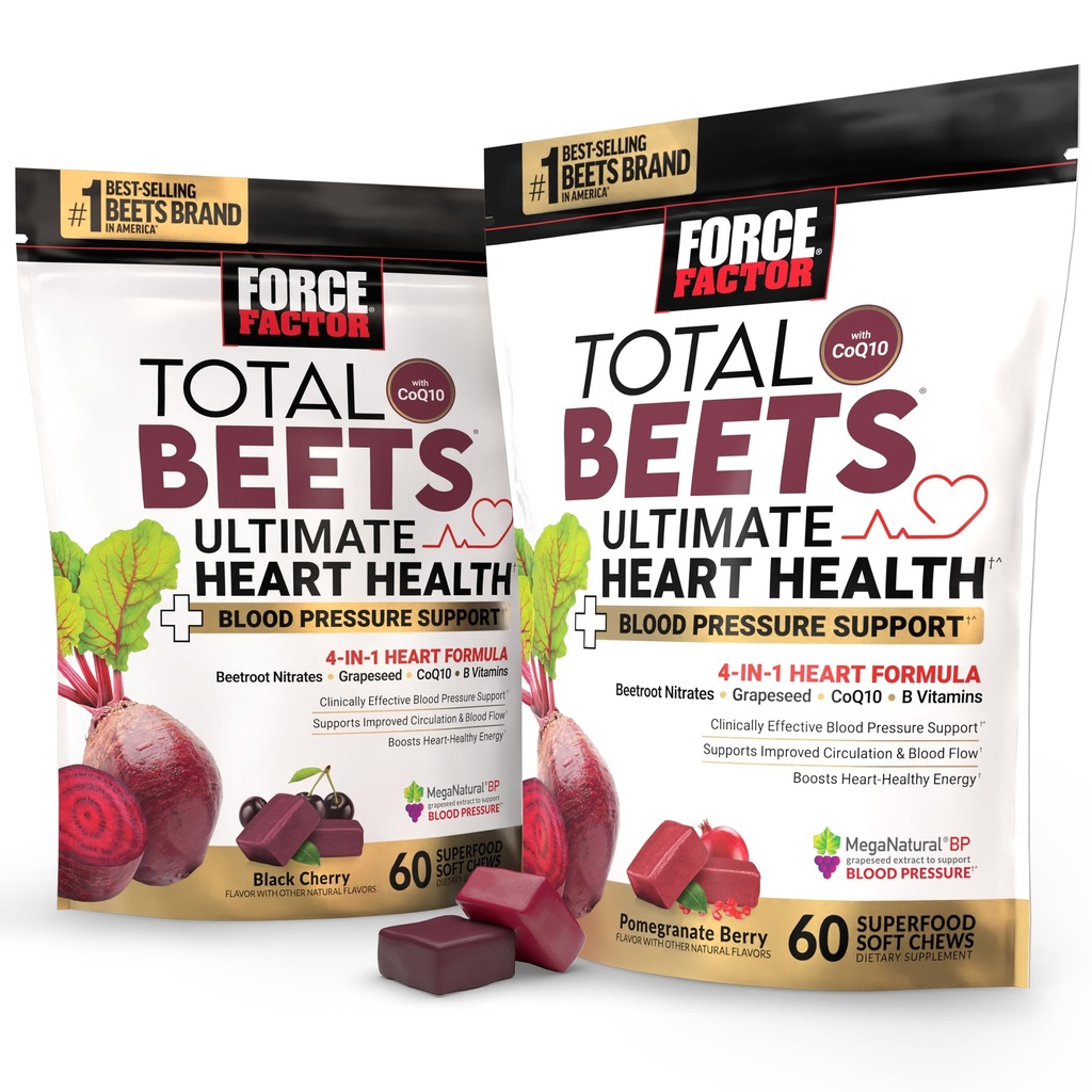 Bundle of Force Factor Yhteensä Beets Ultimate Heart Health Verenpaine Tuki pureskella CoQ10, Punajuurijauhe, Rypälesiemenuute, Verenpaine täydentää verenkiertoon ja veren virtaus, 120 pehmeä