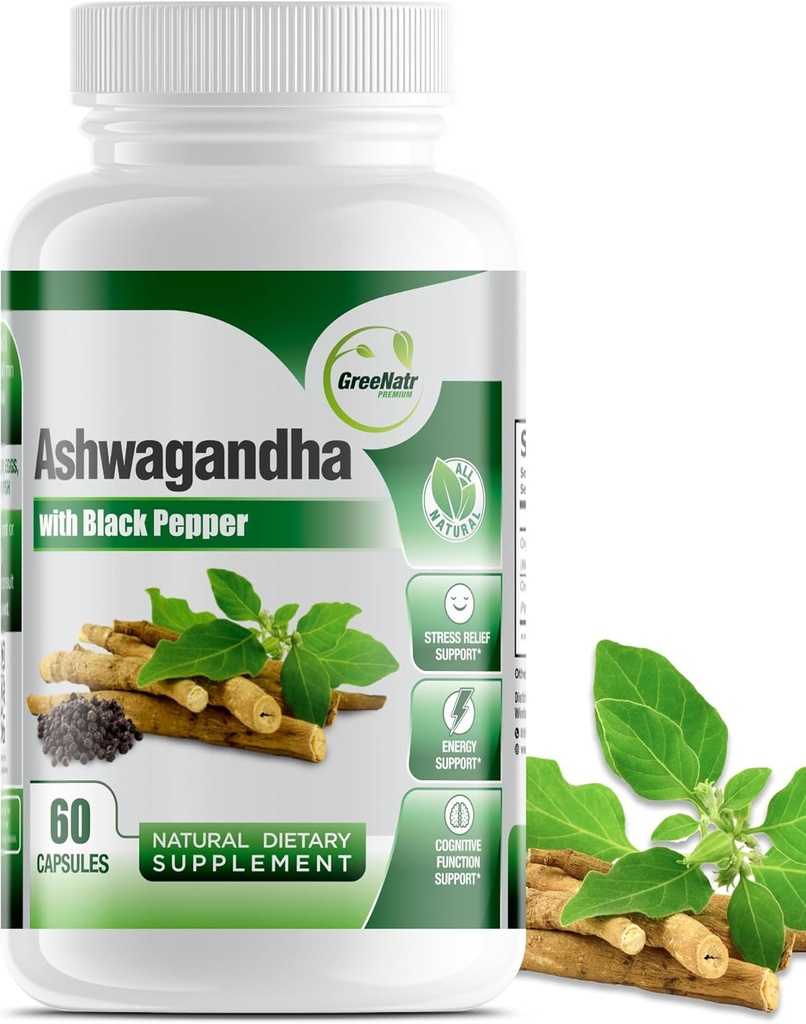 GreeNatr Organic Ashwagandha kapslar med svartpeppar för förbättrad absorption - Mood Enhancer med energi och kognitiv funktion - 1300 mg Veggie kapslar (1 flaska)