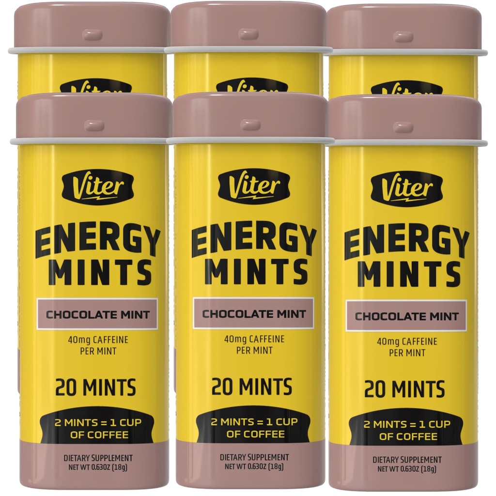 Viter energia kofeinoitu Mints 40 mg kofeiini, B-vitamiinit, sokeriton. (suklaa Mint, 20 kpl, 6 pakkaus)