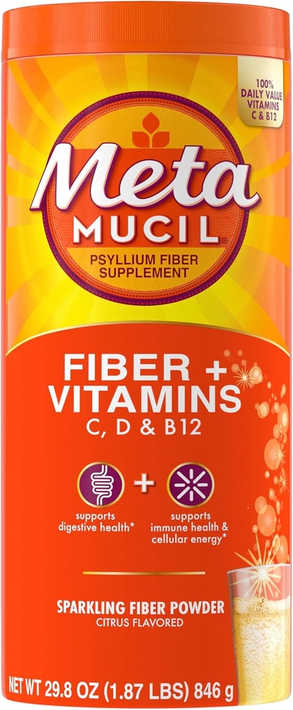 Metamucil Sparkling Fiber Supplement + vitamiineja, kasvi perustuu Psyllium Husk Powder kanssa vitamiineja C, D & B12, Daily Fiber Supplement for Dgestive Health, Citrus Flavored, sokeriton, 90 tarjoilua