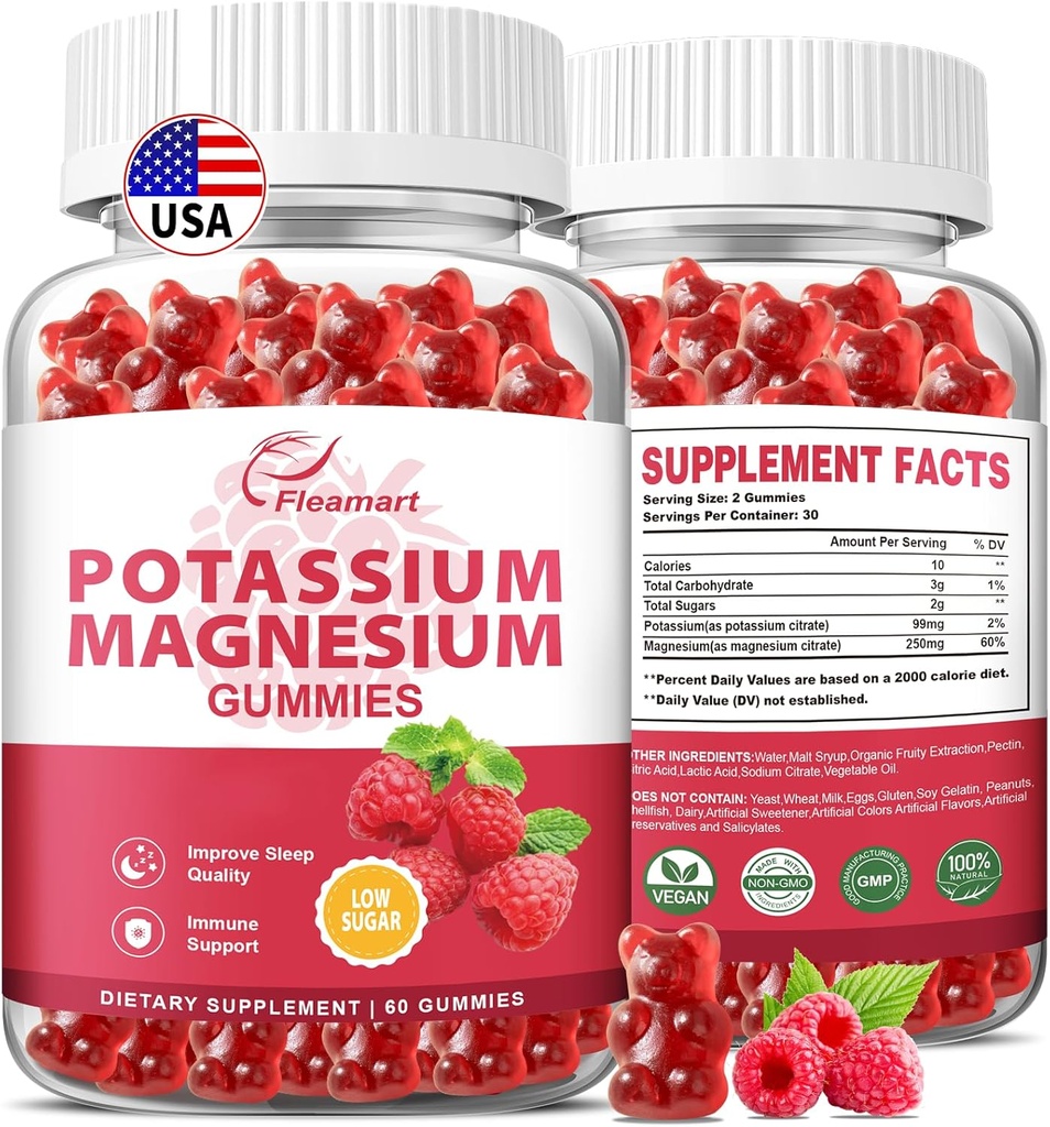 Kalium Magnesium Gummies Potassium Citrate 99mg Magnesium Citrate 250mg Magnesium Kalium Komplex Supplement, Immun Support, 60 Raspberry Gummies 2 Pack