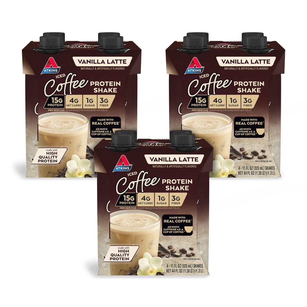 Atkins Iced Coffee Vanilla Latte Protein Shake, 15g Protein, Low Glycemic, 4g Net Carb, 1g Sugar, Keto Friendly, 12 paket med 11 fl Oz