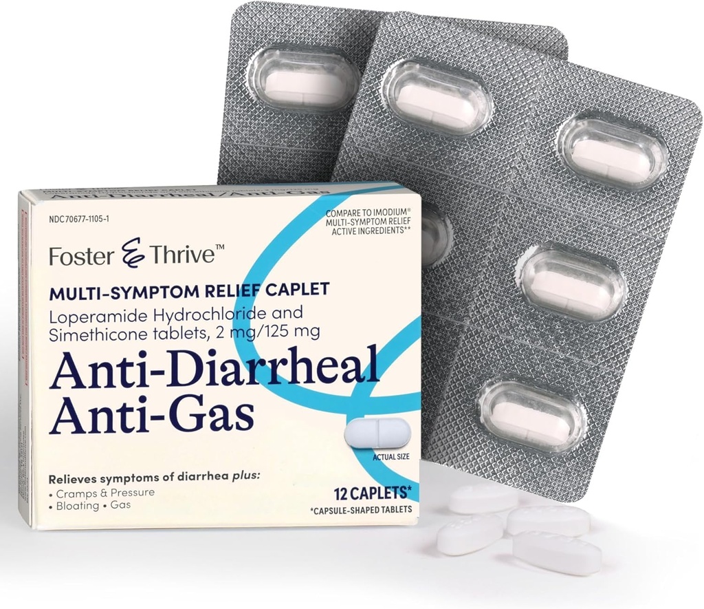Foster & Thrive Loperamide Hydrochlorothiade and Simetikoni Anti-Diarrheal anti-Gas Multi-Symptom Relief, 48 Caplets, hoito ripuli, kaasu, turvotus, Cramps & Pressure, 12 Caplets (Pack of 4)