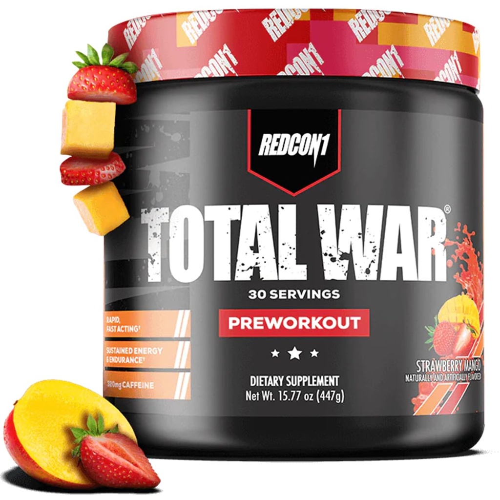 REDCON1 Total War Pre Treenout, Mansikka Mango - L Sitrulline, Malic Acid, Green Tea Leaf Extract Pump Boosting Pre Treen for Women & Men - 3,2g Beta Alanine vähentää uupumusta, 30 tarjoilua