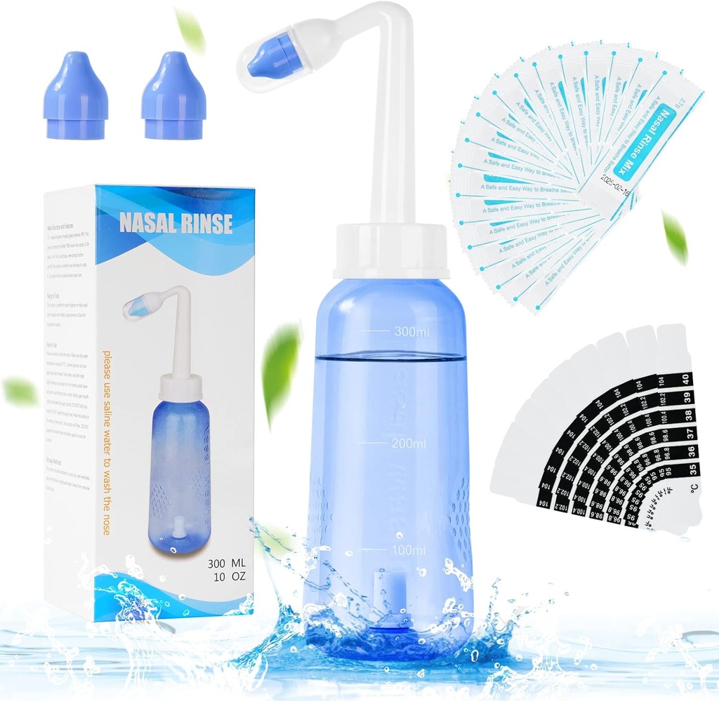 URAQT Netti Pot, Nenällinen huuhteluaine nenäliinanpesuaine, 300 ml Sinus huuhtelupullo, jossa on 20 nenäpesusuolapakkausta ja 10 lämpömittarin tikku, painehuuhtelu nenän kastelu aikuisten ja lasten BPA ilmaiseksi