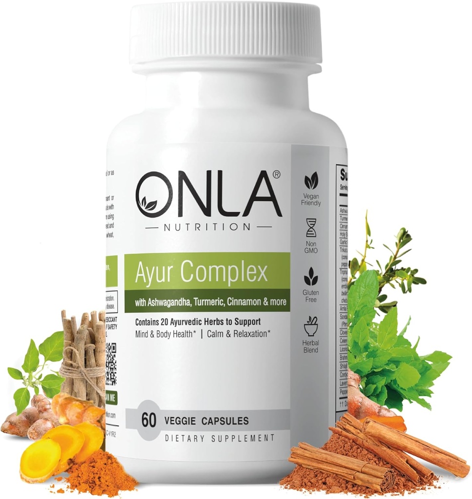 ONLA Vegan Ayurveda Herbal Supplements (20-i-1 Herbal Capsules) - Gurkmeja Supplements med Ashwagandha, Cinnamon, Triphala, Brahmi - naturliga ingredienser, Herbal Energy Supplements (60 Cap)
