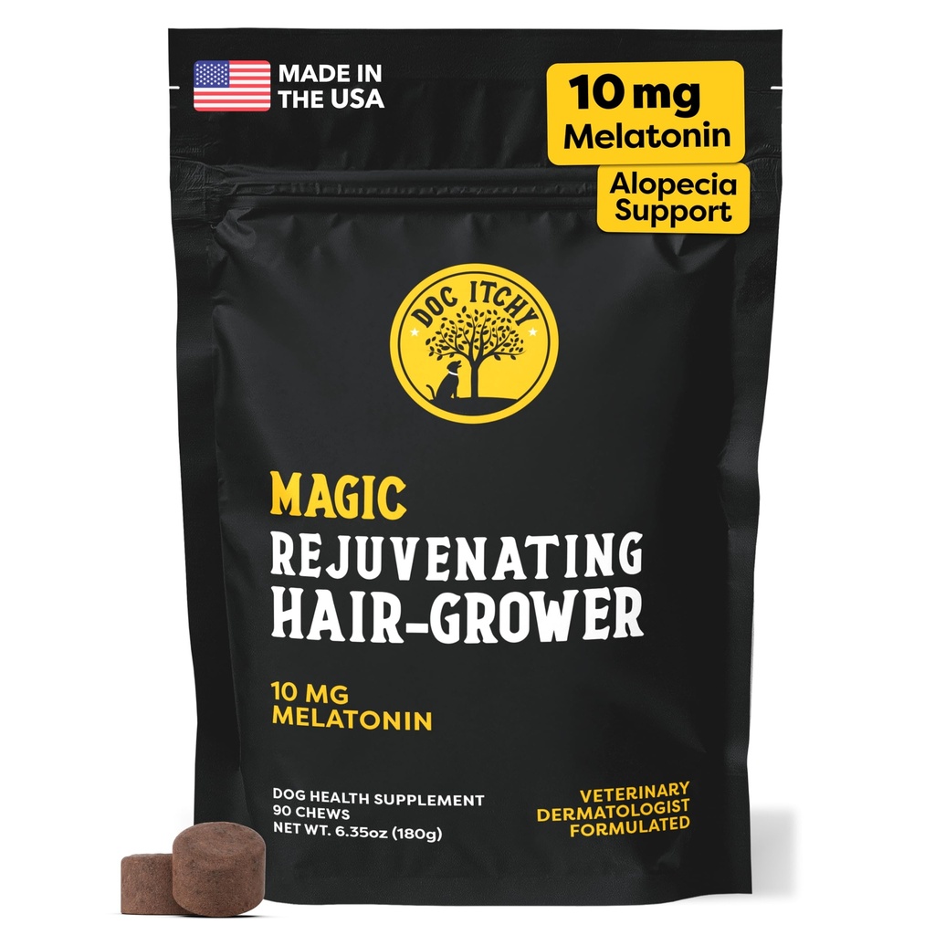 Doc Itchy Rejuvenating Hair-Grower Dog Pet Chews | 10mg Melatonin för hundar | Hårtillväxt Booster | Senior Dog Energizer | Calming | Medicinsk Styrka | Mat Allergi Säker | Vegan | 90 Räkna