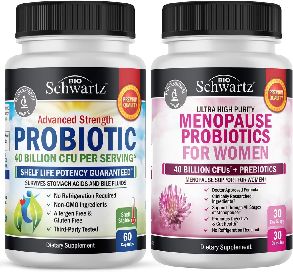 BioSchwartz Probiotic 40 miljarder CFU 60 greve + Menopause Probiotika för kvinnor 30 greve