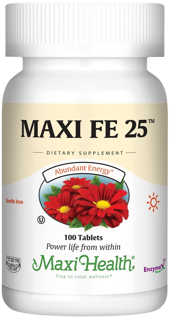 Maxi Health Iron Supplement för kvinnor och män - Gentle Iron 25 mg för magen - Non Constipating * Pills - Kosher - Non GMO - Vegetarian (100 tabletter)