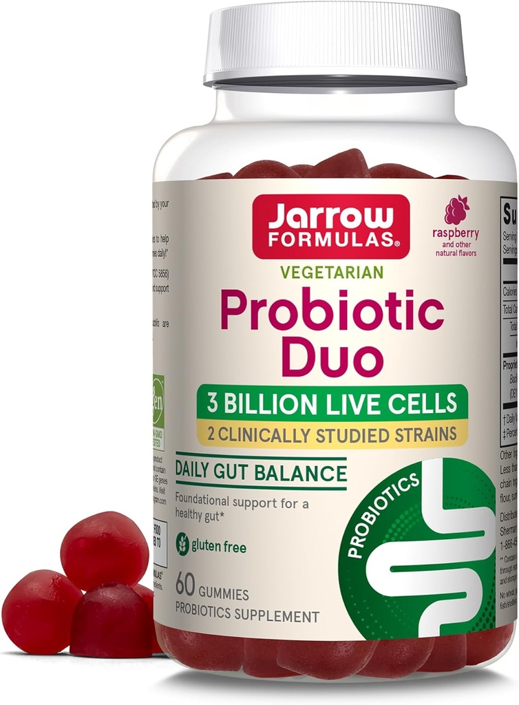 Jarrow Formulas® Probiotic Duo, 3 miljarder Live Cells Supplement för Immune Health och Digestive Support, 60 Raspberry Flavor Probiotic Gummies, 30 Day Supply
