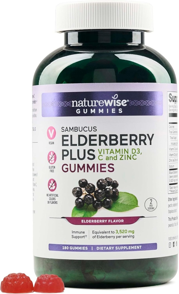 NatureWise Sambucus Elderberry Gummies - Immuuni Support Supplement for Kids Ages 4+ & Aikuiset C-vitamiinia, D3, Sinkki - vanderinmarjat ekvivalentti 3520mg - Vegan, ei-GMO - 180 Count[90-päivä tarjonta]