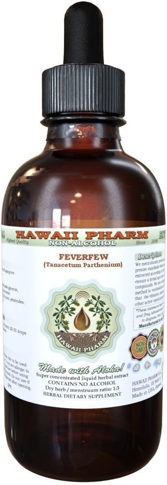 Feverfew Alcohol-Free Liquid Extract, Organic Feverfew (Tanacetum Parthenium) Torkade Herb Glycerite Hawaii Pharm Natural Herbal Supplement 4 oz