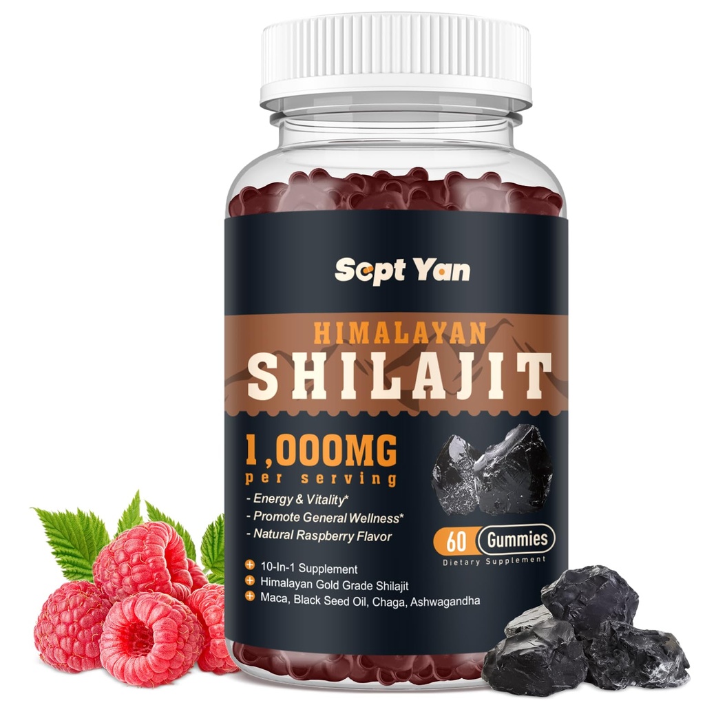 Shilajit Gummies 1000mg - Shilajit Pure Himalayan Organic for Men & Women 85+ Trace Minerals Shilajit Harsin kanssa Ashwagandha, Maca, Musta siemenöljy - energia, aivot, immuniteetti, sokeriton vadelma 60ct