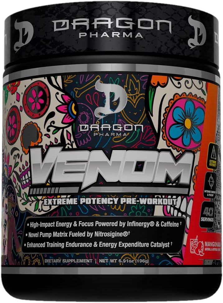 DRAGON PHARMA Venom Extreme Potency Pre-Workout, Laser Sharp Focus + Energia, Intense Performance, Todistetut ainesosat tehostetun vasodilaation & Endurance (40 Servings, Mangonada)
