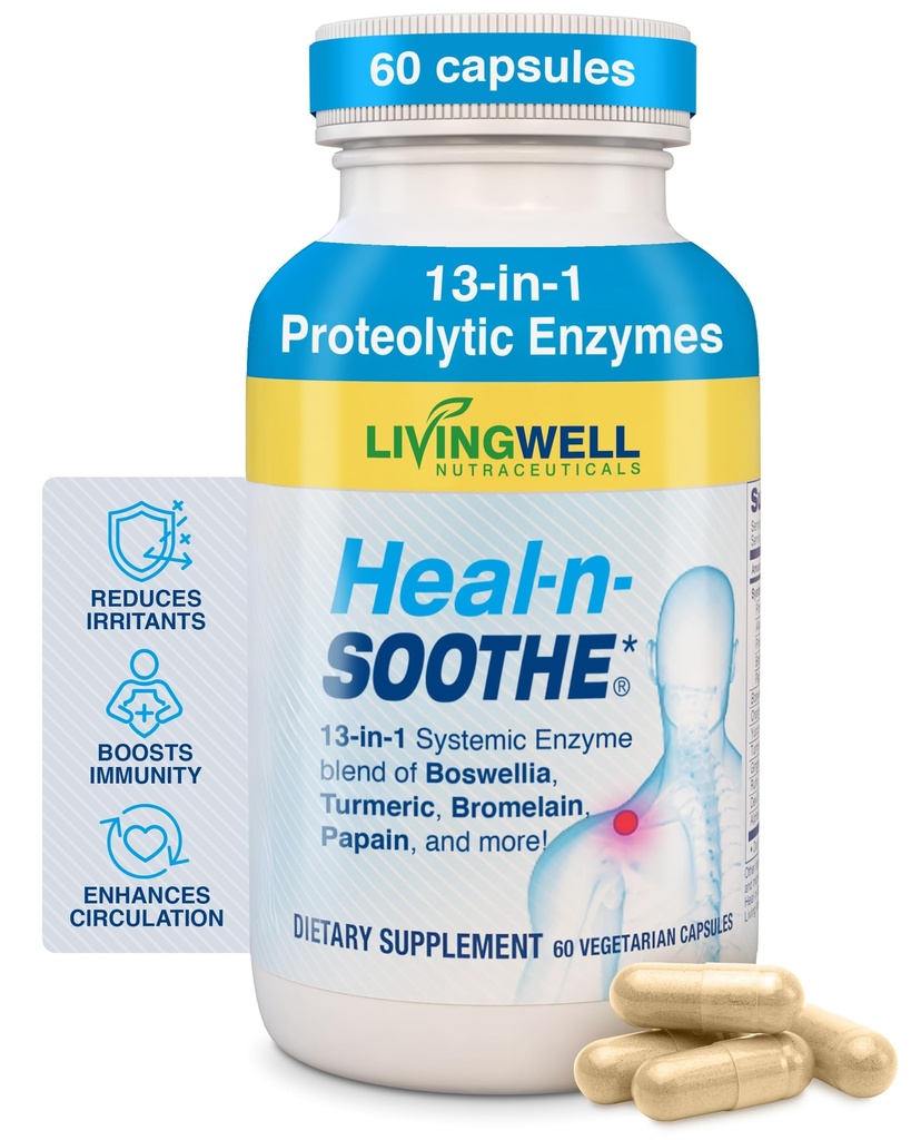 HEAL-N-SOOTHE-yhteistukilisät - Proteolyyttiset Entsyymit, kuten Bromelain & Papain, Boswellia, Turmeric & Ginger- edistää proteiinia Ruoansulatuskyky & kehon puolustus hyvinvointi- 60 Count (1 Pack)