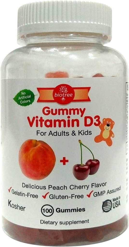 BioTree Labs D-vitamiini Gummy Bears - 100 kpl pakkaus aikuisille ja lapsille Peach & Cherry Maku D3-vitamiini .