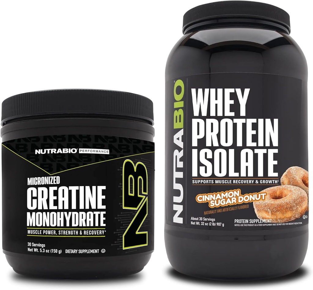 NutraBio Creatine Monohydrate, Unflavored, 150g och Whey Protein Isolate, Cinnamon Sugar Donut, Supplement Bundle - Muscle Energy, Lean Muscle Growth, Recovery och Strength