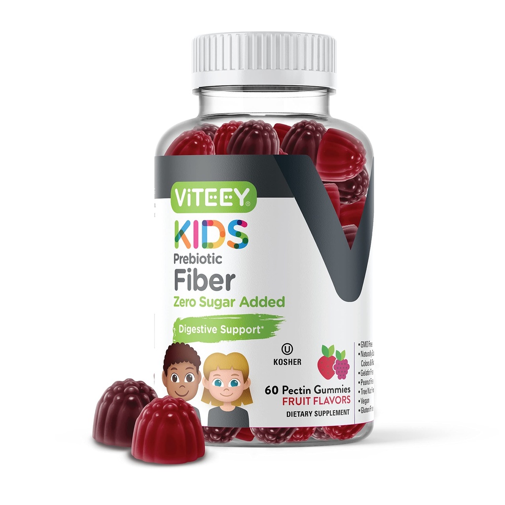 Viteey Prebiotic Kids Fiber for Constipation Relief, Digestive Health Regularity Support, Natural Weight Support - Fiber 4g, Zero Sugar Added, Vegan, Gluten Free - Tasty Chewable Fruit smaksatt Gummy