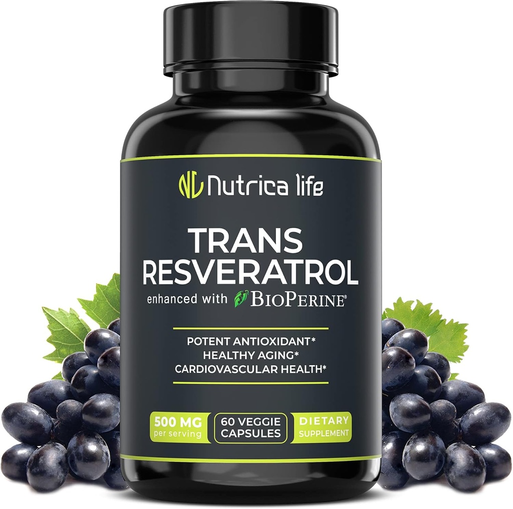 Trans Resveratrol täydentää 500 mg Potent anti ikääntymistä Formula, Tehokas antioksidantti sydän-ja soluterveyden, aivojen Booster täydentää Bioperine, 60 Vegaani Caps