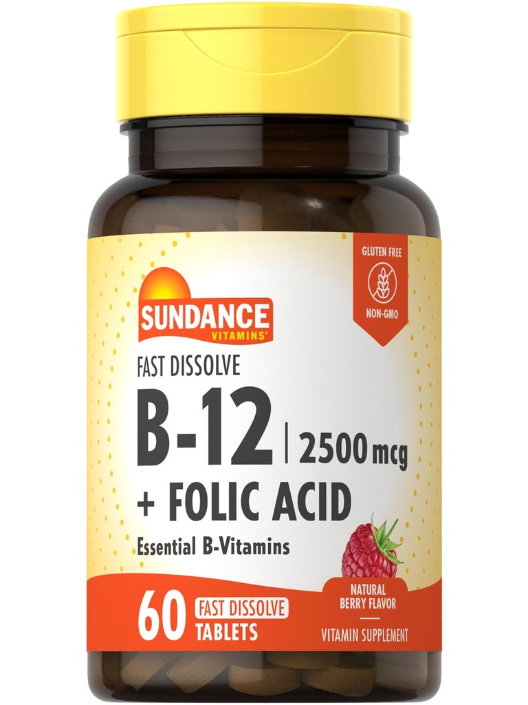 Sundance Fast Dissolve Vitamin B-12 | med folsyra | 2500mcg | 60 greve | Natural Berry Flavor | Vegetarisk, icke-GMO och Gluten fri tillägg