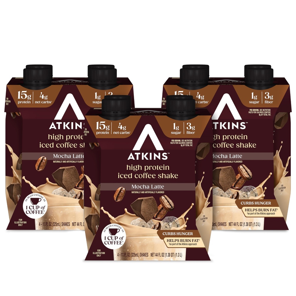 Atkins Mocha Latte Iced Coffee smaksatt Protein Shake, High Protein, Low Glycemic, Low Carb och Low Sugar Shakes, Keto-Friendly, 12 Pack
