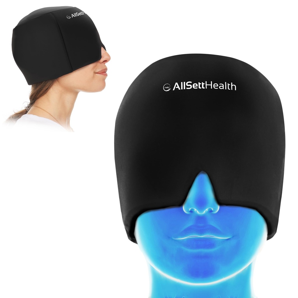 Migraine Relief Cap Ice Head Wrap och Hat | Hot / Cold Gel Pack med ansikte och ögonmaskkompress för huvudvärk - Svart