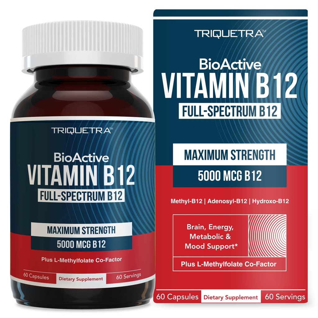 BioActive B12 - 5000 mikrog, sisältää 3 BioActive Forms B12 Plus Metyylifolaattikofaktori - Metyyli B12, adenosyyli B12 & Hydroksi B12 