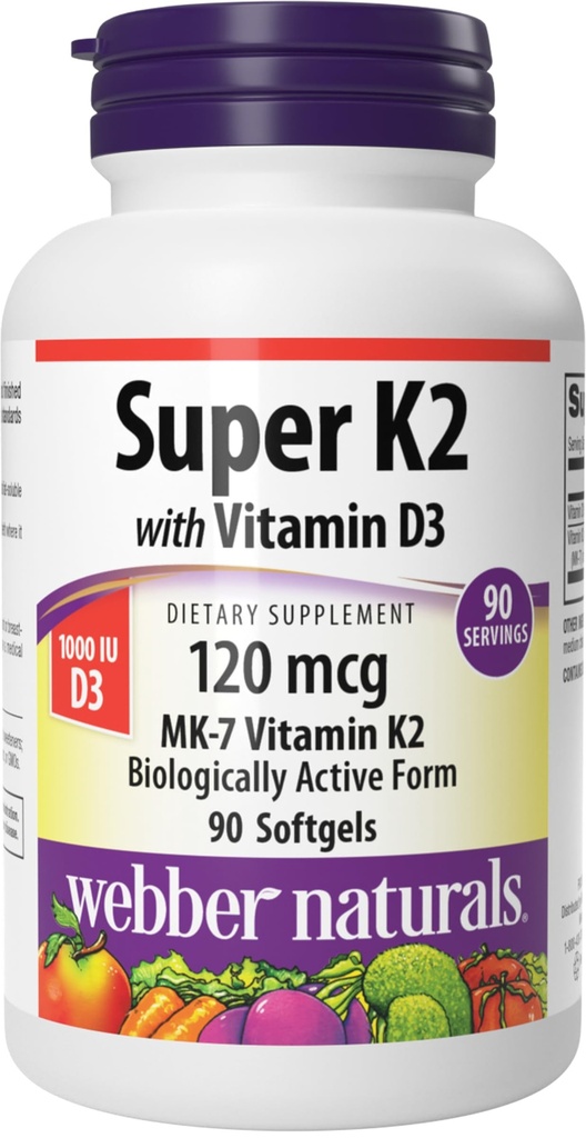 Webber Naturals Super-vitamiini K2 MK-7 120 mikrog D3-vitamiinilla, 90 Softgels, tukee luut, hampaat, ja sydän-ja verisuonijärjestelmä